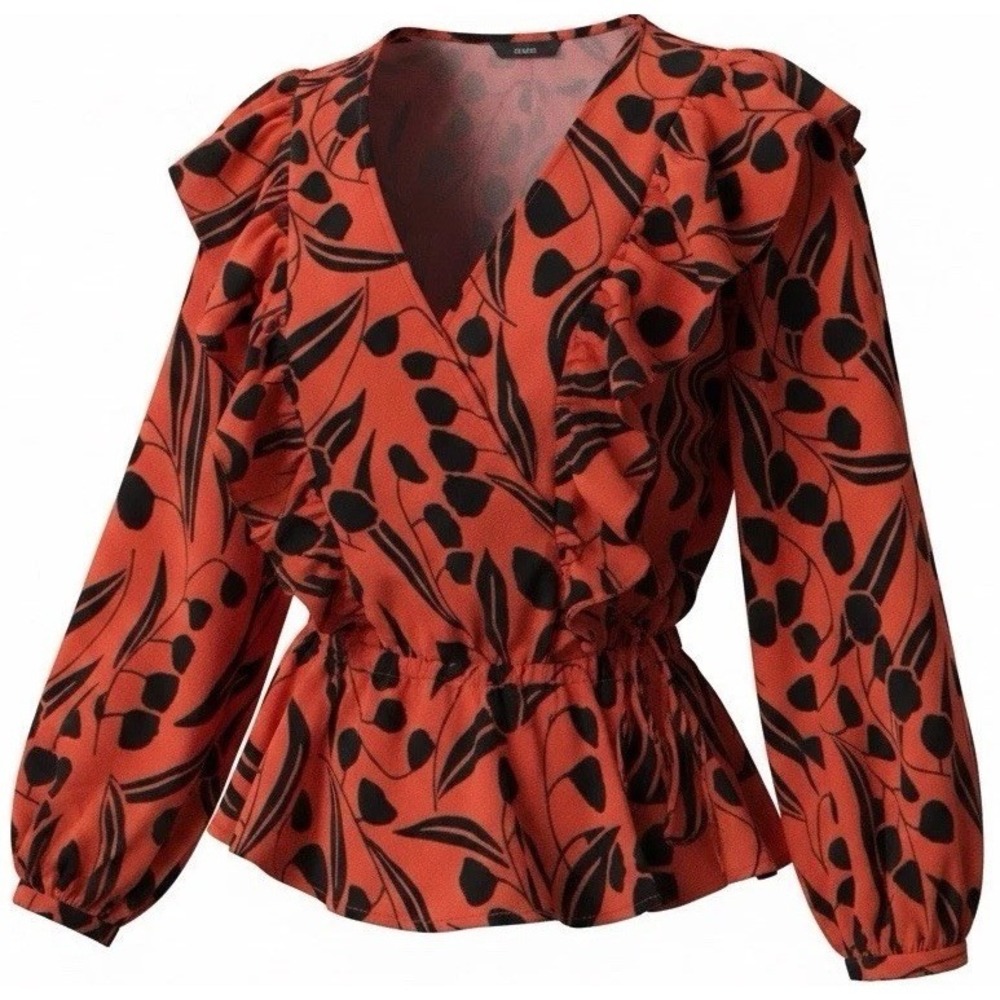 Bold Floral Women's Top L Ruffle Front Peplum Long Balloon Sleeve Vibrant‎ Diva